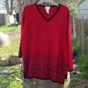 Koret Vneck red/w black trim pullover sweater